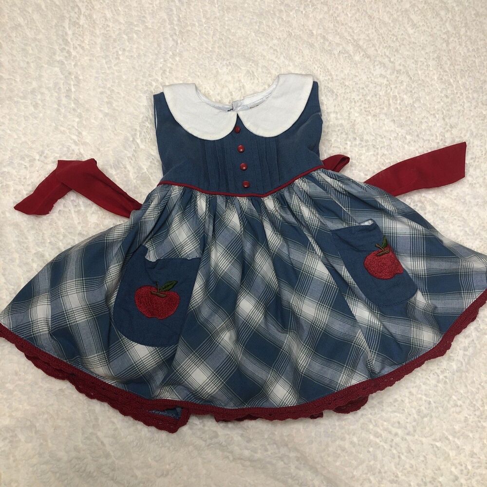 Girl’s Dress Blue White Plaid Embroidered Red Apples 2T Peter Pan Collar Cotton
